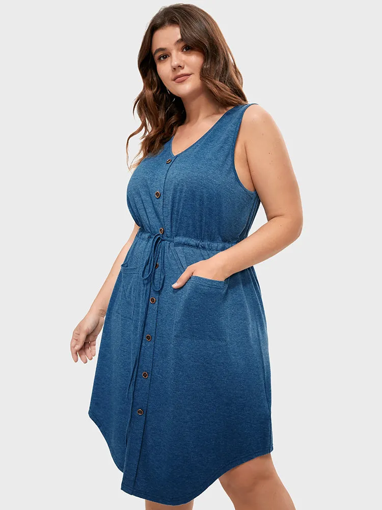 Solid Fake Buttons Drawstring Waist Patched Pocket Knee Dress sold by Bloomchic product image thumbnail 4