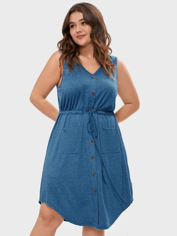 Solid Fake Buttons Drawstring Waist Patched Pocket Knee Dress sold by Bloomchic