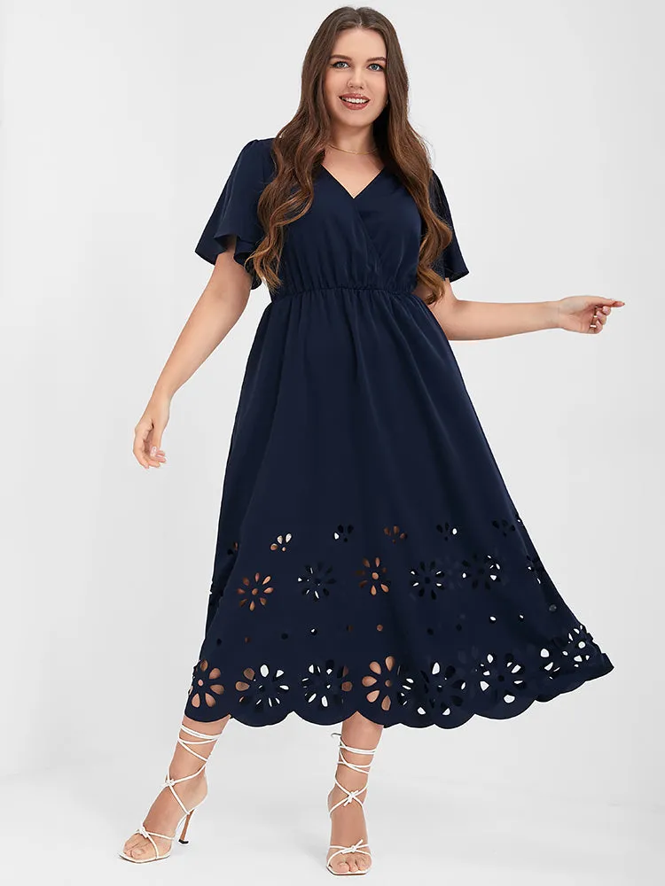 Solid Cut Out Ruffles Button Pocket Wrap Dress sold by Bloomchic