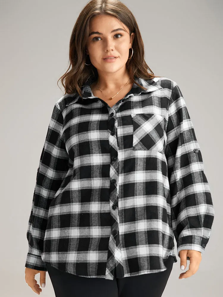 Shirt Collar Plaid Patchwork Pocket Tab Sleeve Blouse sold by Bloomchic product image thumbnail 5