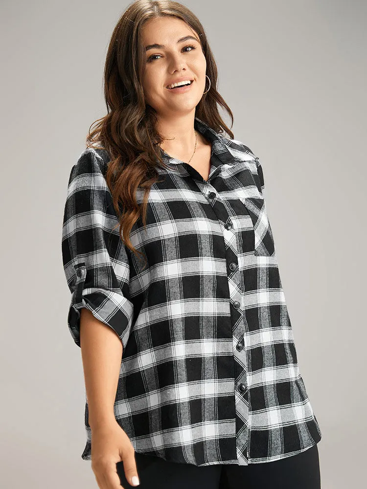 Shirt Collar Plaid Patchwork Pocket Tab Sleeve Blouse sold by Bloomchic product image thumbnail 3