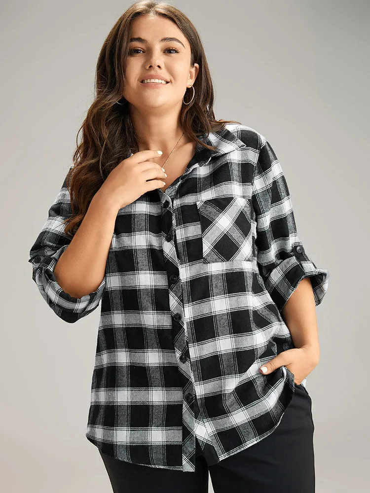 Shirt Collar Plaid Patchwork Pocket Tab Sleeve Blouse sold by Bloomchic
