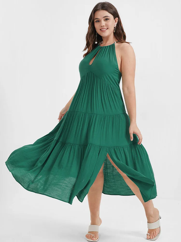 Solid Flutter Split Keyhole Ties Halter Neck Midi Dress sold by Bloomchic product image thumbnail 2