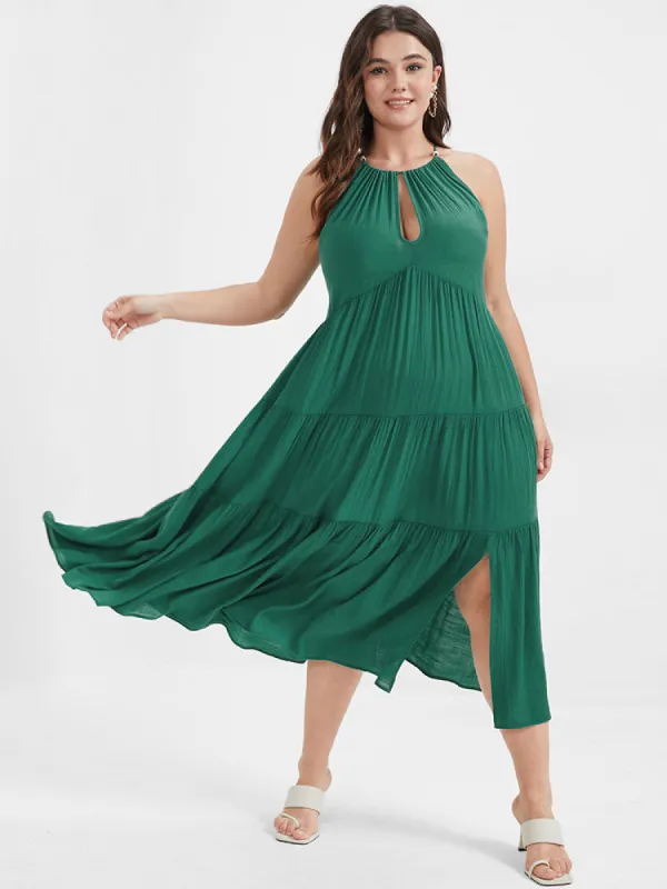 Solid Flutter Split Keyhole Ties Halter Neck Midi Dress sold by Bloomchic