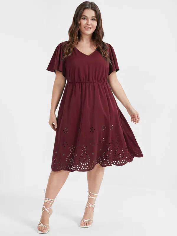 Solid Ruffles Pocket Broderie Anglaise Knee Dress sold by Bloomchic
