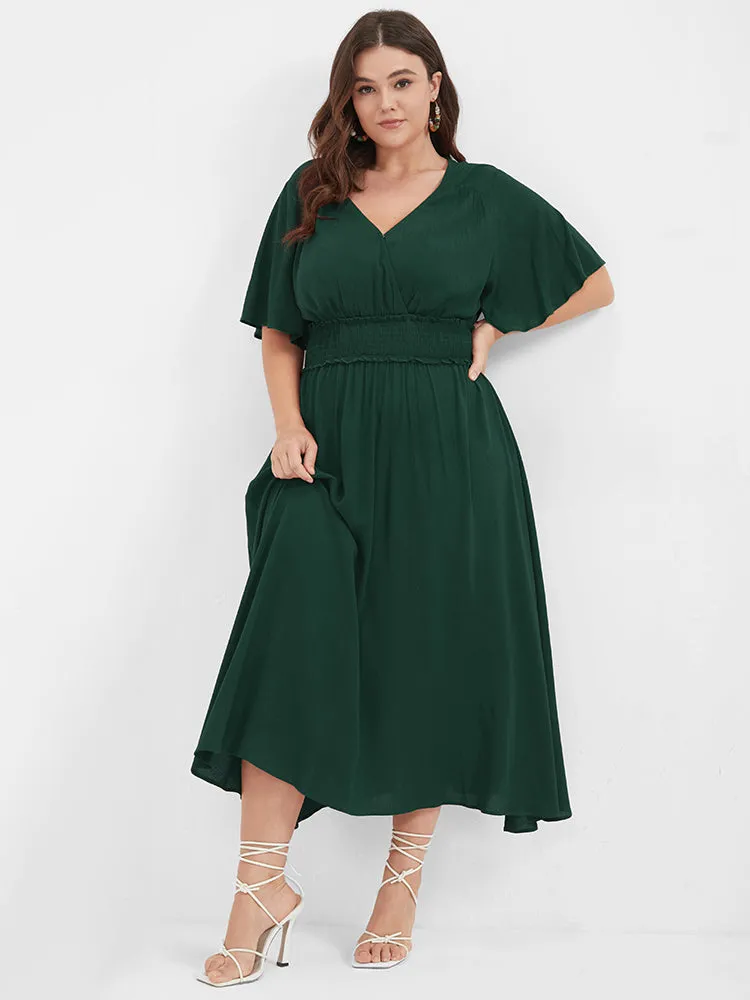 Plain Shirred Button Elastic Waist Ruffles Midi Dress sold by Bloomchic product image thumbnail 4