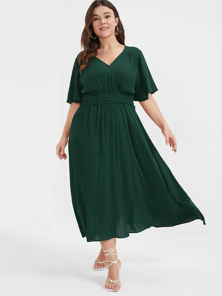 Plain Shirred Button Elastic Waist Ruffles Midi Dress sold by Bloomchic