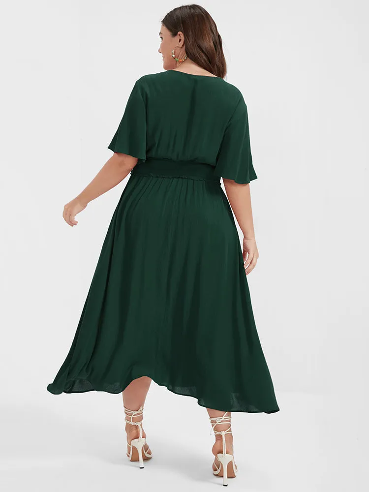 Plain Shirred Button Elastic Waist Ruffles Midi Dress sold by Bloomchic product image thumbnail 5