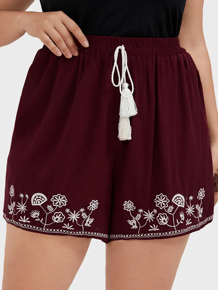 Floral Embroidered Ties Elastic Waist Pocket Shorts sold by Bloomchic