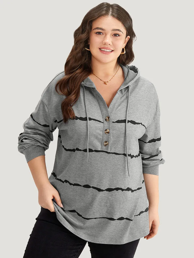 Striped Drawstring Hooded Button Up Sweatshirt sold by Bloomchic