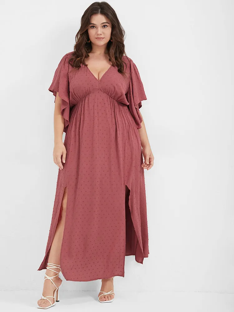 Solid V Neck Ruffles Split Embroidered Maxi Dress sold by Bloomchic