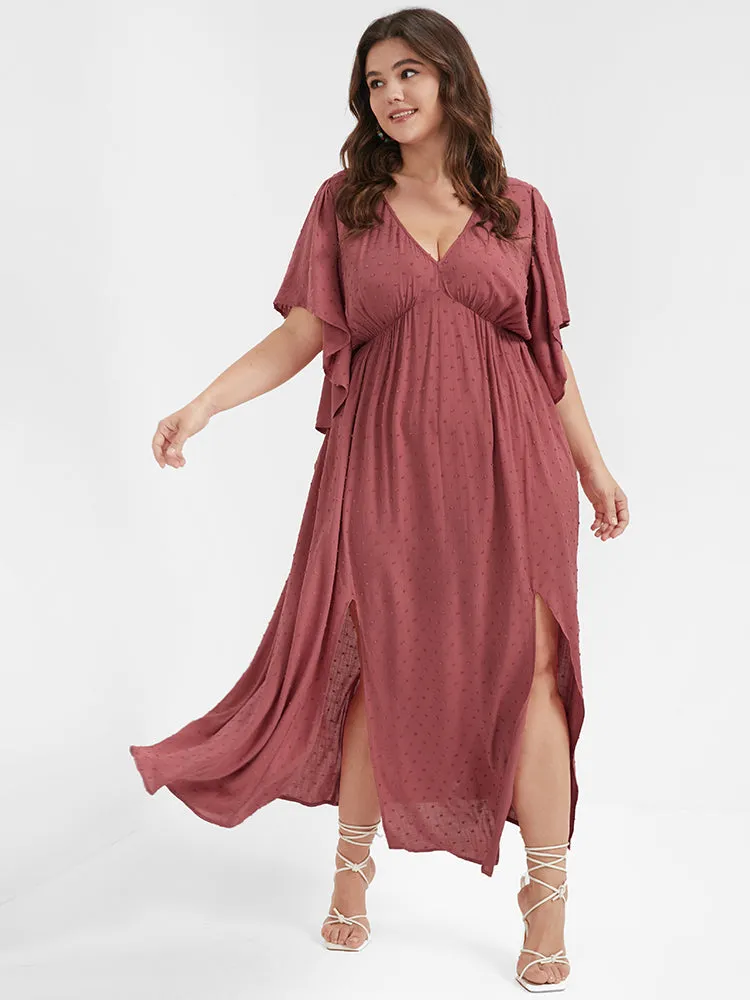Solid V Neck Ruffles Split Embroidered Maxi Dress sold by Bloomchic product image thumbnail 3