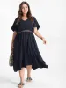 Solid V Neck Eyelet Lace Split Sleeve Midi Dress sold by Bloomchic
