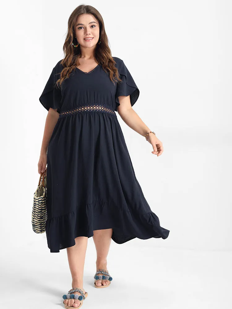 Solid V Neck Eyelet Lace Split Sleeve Midi Dress sold by Bloomchic product image thumbnail 4