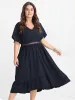 Solid V Neck Eyelet Lace Split Sleeve Midi Dress sold by Bloomchic