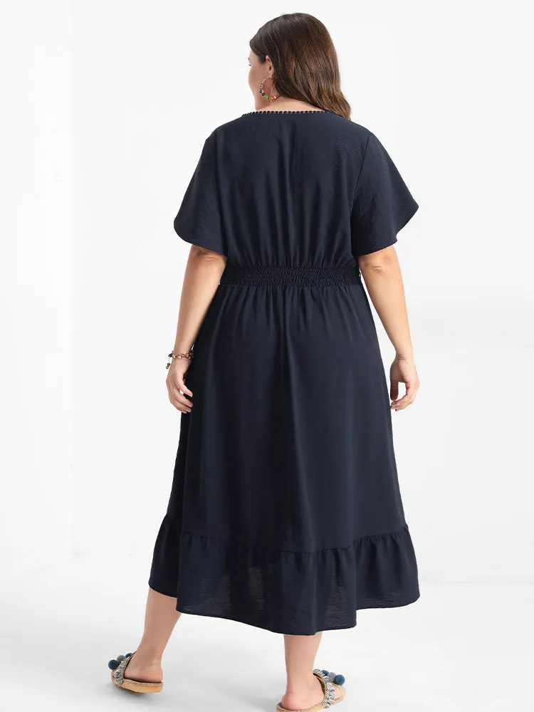 Solid V Neck Eyelet Lace Split Sleeve Midi Dress sold by Bloomchic product image thumbnail 5