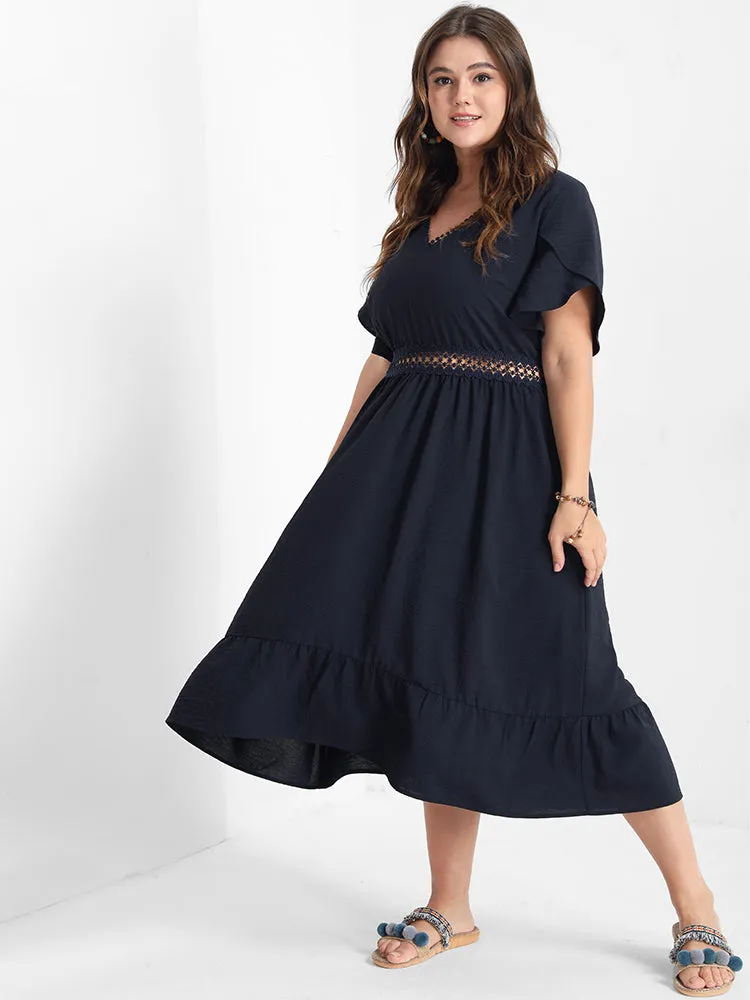 Solid V Neck Eyelet Lace Split Sleeve Midi Dress sold by Bloomchic product image thumbnail 2