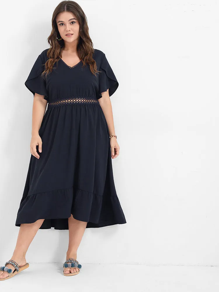 Solid V Neck Eyelet Lace Split Sleeve Midi Dress sold by Bloomchic product image thumbnail 3