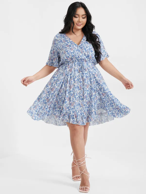 Ditsy Floral Ties Asymmetrical Ruffled V Neck Dress sold by Bloomchic