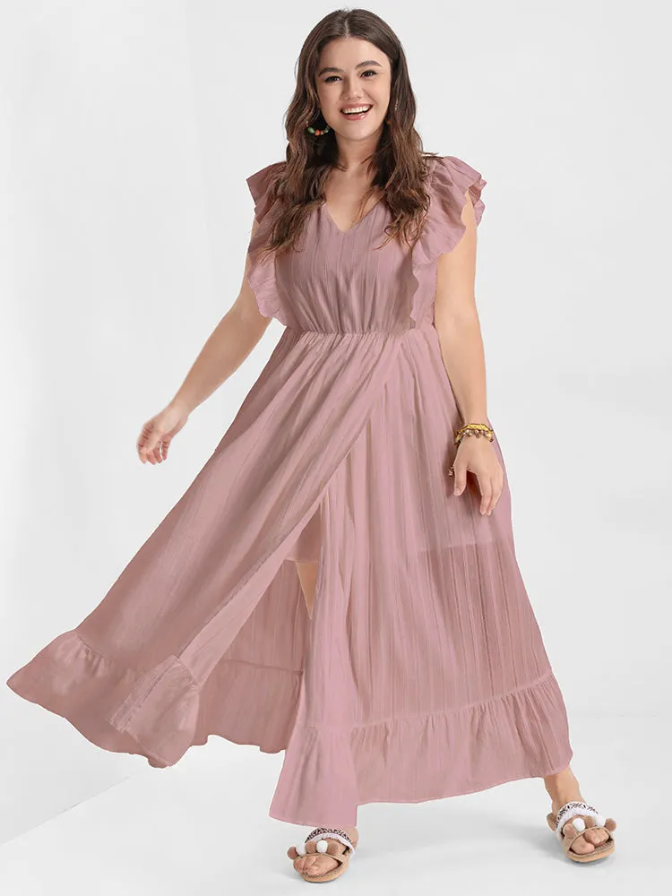 Solid V Neck Ruffles Split Pocket Maxi Dress sold by Bloomchic product image thumbnail 2
