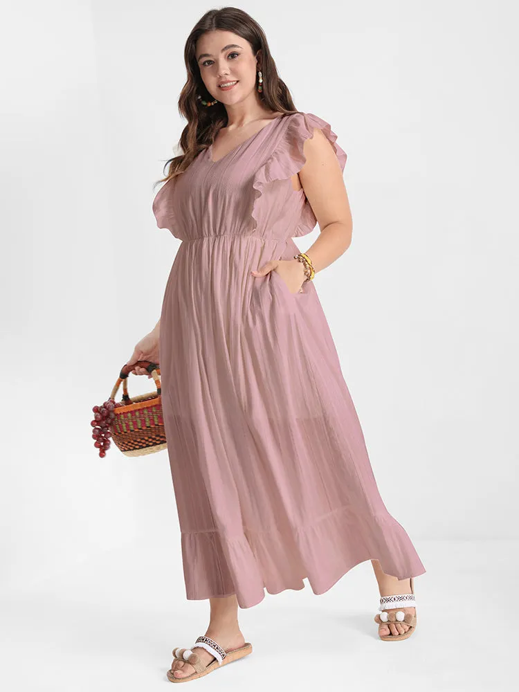 Solid V Neck Ruffles Split Pocket Maxi Dress sold by Bloomchic