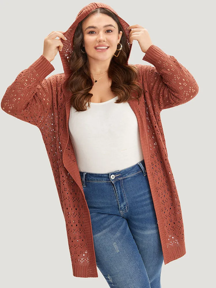 Plain Geometric Eyelet Hooded Tunic Cardigan sold by Bloomchic
