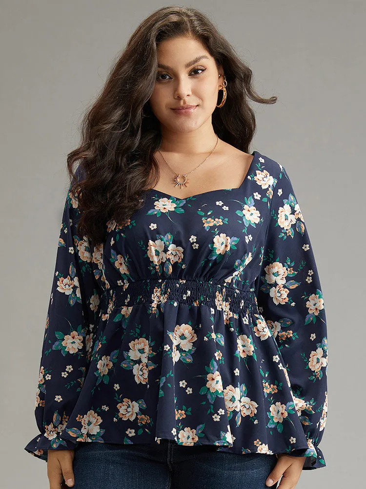 Floral Square Neck Shirred Lantern Sleeve Blouse sold by Bloomchic