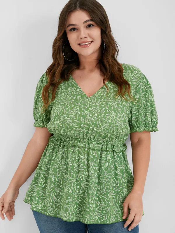 Ditsy Floral Ruffled Trim Puff Sleeve V Neck Blouse sold by Bloomchic