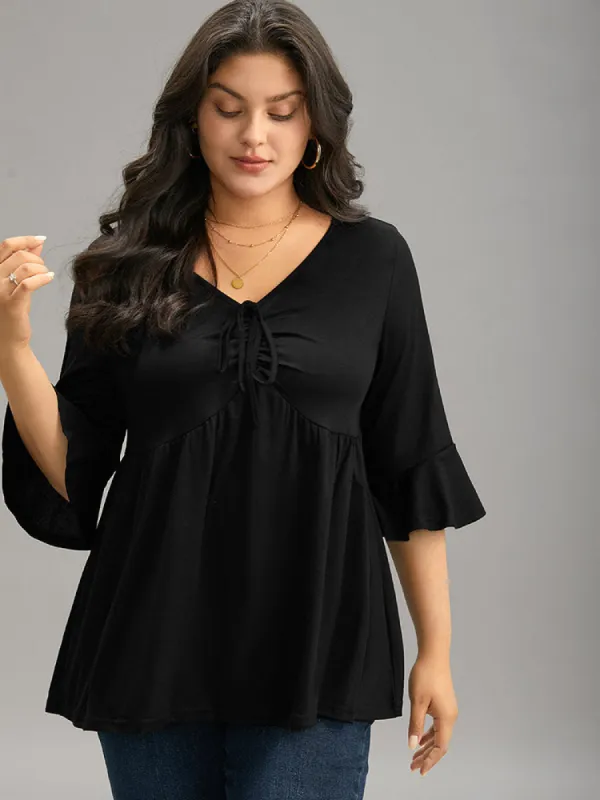 Solid Drawstring Gathered Flutter Sleeve T-shirt sold by Bloomchic