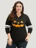 Halloween Print Striped Patchwork Hooded Drawstring Sweatshirt sold by Bloomchic