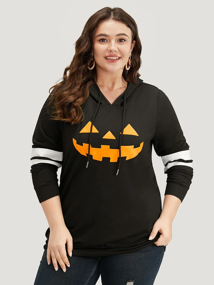 Halloween Print Striped Patchwork Hooded Drawstring Sweatshirt sold by Bloomchic product image thumbnail 5