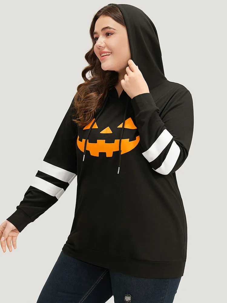 Halloween Print Striped Patchwork Hooded Drawstring Sweatshirt sold by Bloomchic product image thumbnail 3