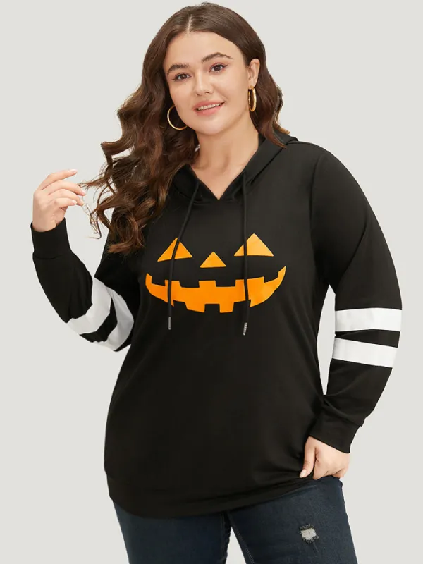 Halloween Print Striped Patchwork Hooded Drawstring Sweatshirt sold by Bloomchic