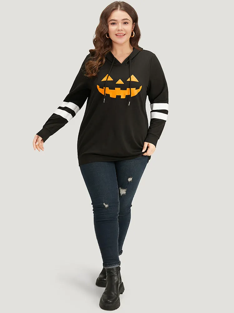 Halloween Print Striped Patchwork Hooded Drawstring Sweatshirt sold by Bloomchic product image thumbnail 4
