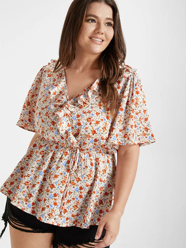 Ditsy Floral V Neck Ruffle Tie Front Blouse sold by Bloomchic