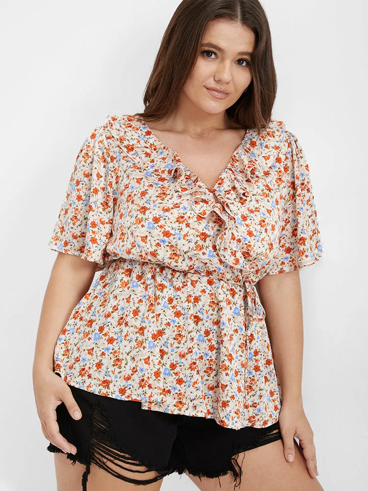 Ditsy Floral V Neck Ruffle Tie Front Blouse sold by Bloomchic product image thumbnail 3