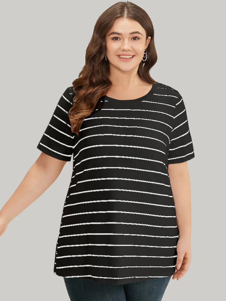 Striped Print Round Neck T-shirt sold by Bloomchic
