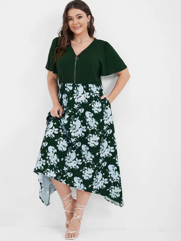 Floral Patchwork Zipper Asymmetrical Hem Pocket Midi Dress sold by Bloomchic