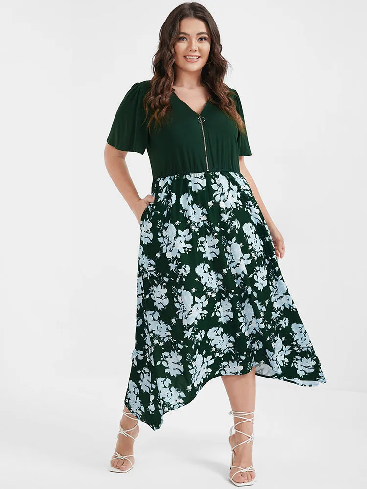 Floral Patchwork Zipper Asymmetrical Hem Pocket Midi Dress sold by Bloomchic product image thumbnail 2