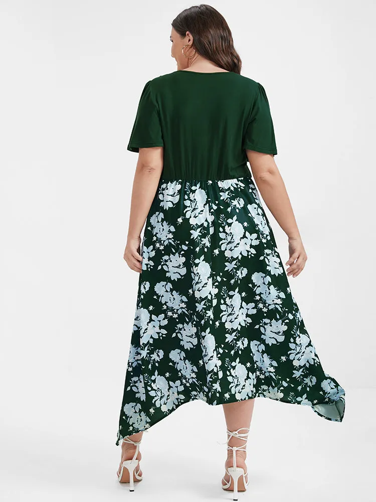 Floral Patchwork Zipper Asymmetrical Hem Pocket Midi Dress sold by Bloomchic product image thumbnail 5