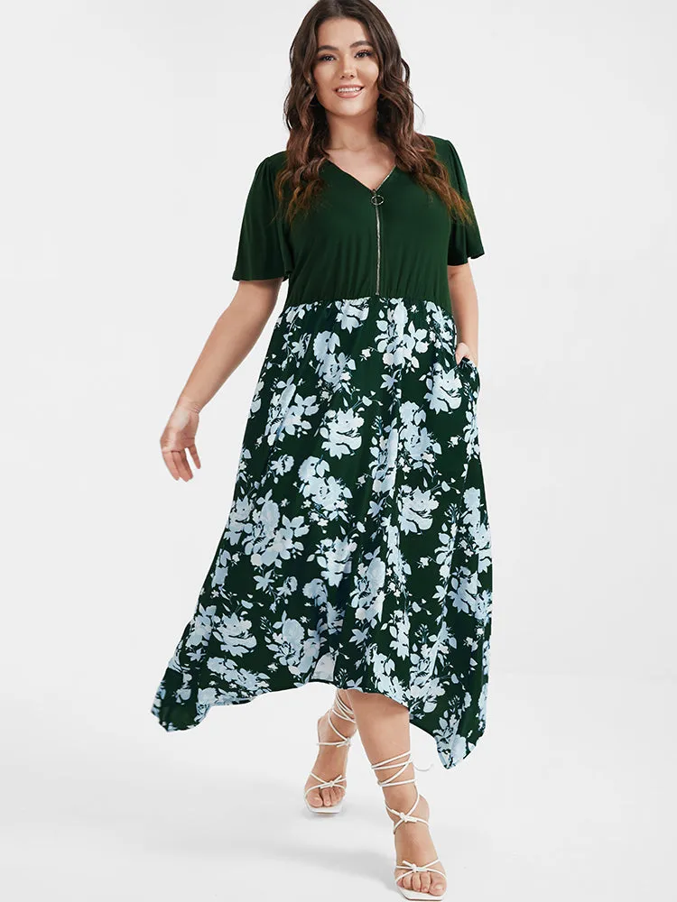 Floral Patchwork Zipper Asymmetrical Hem Pocket Midi Dress sold by Bloomchic product image thumbnail 4