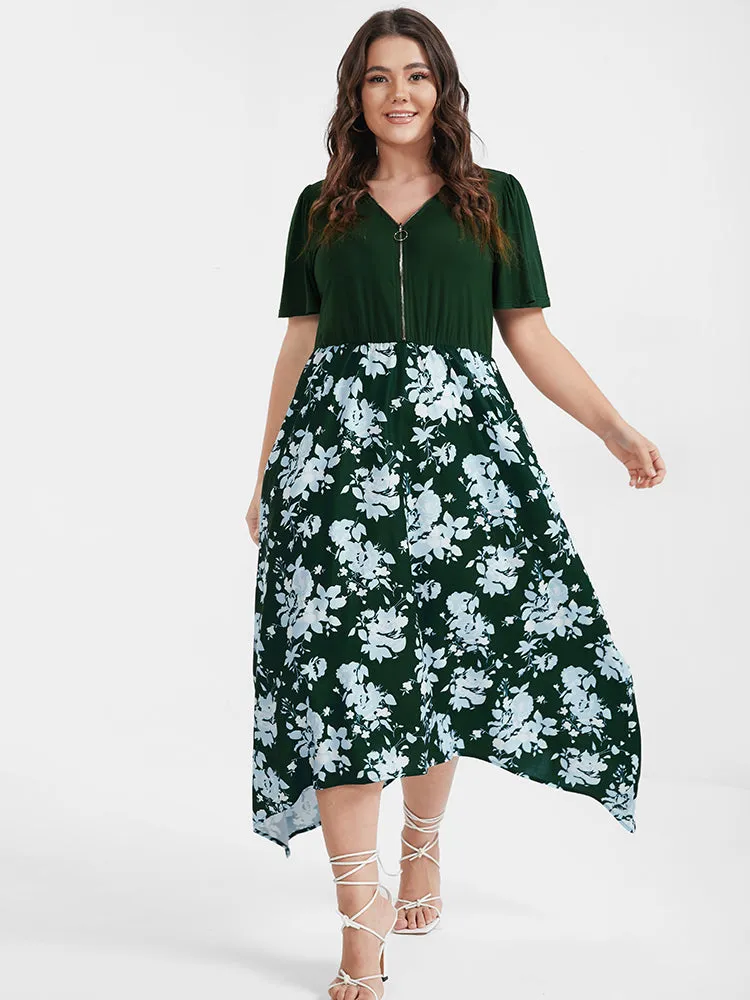 Floral Patchwork Zipper Asymmetrical Hem Pocket Midi Dress sold by Bloomchic product image thumbnail 3