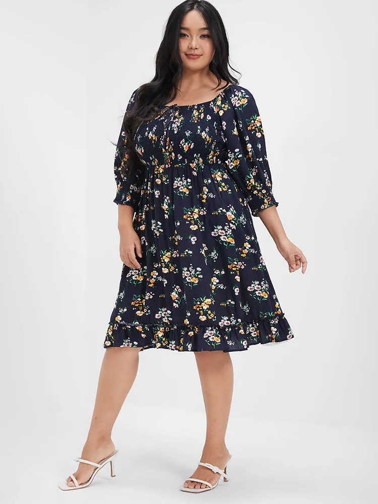 Floral Square Neck Puff Sleeve Ties Pocket Knee Dress sold by Bloomchic product image thumbnail 4