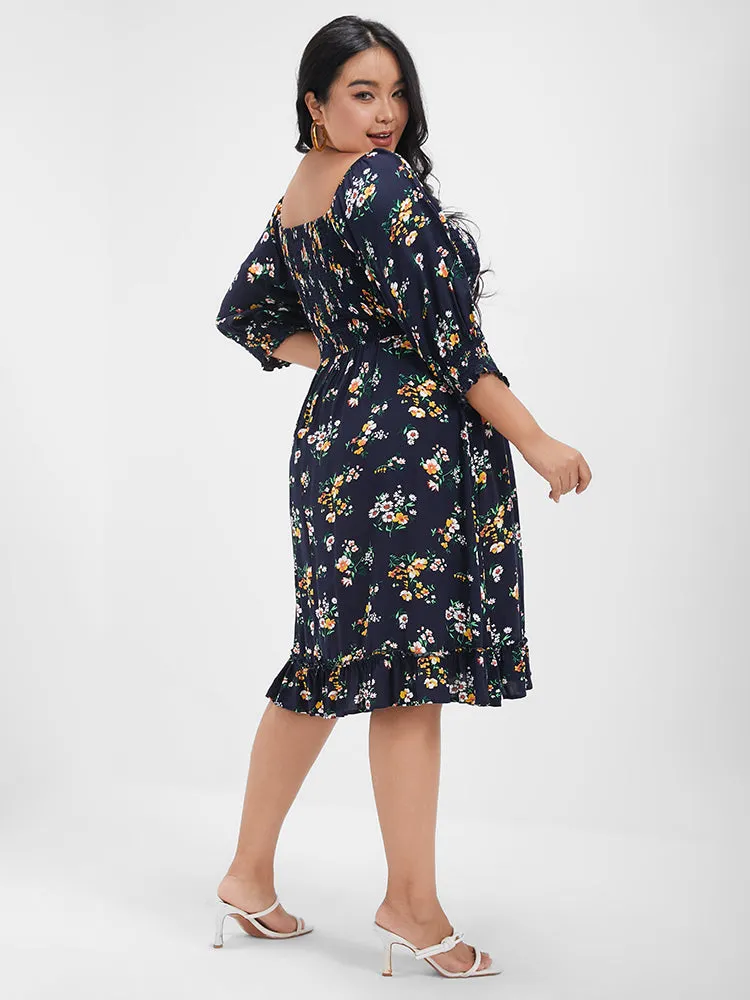 Floral Square Neck Puff Sleeve Ties Pocket Knee Dress sold by Bloomchic product image thumbnail 3