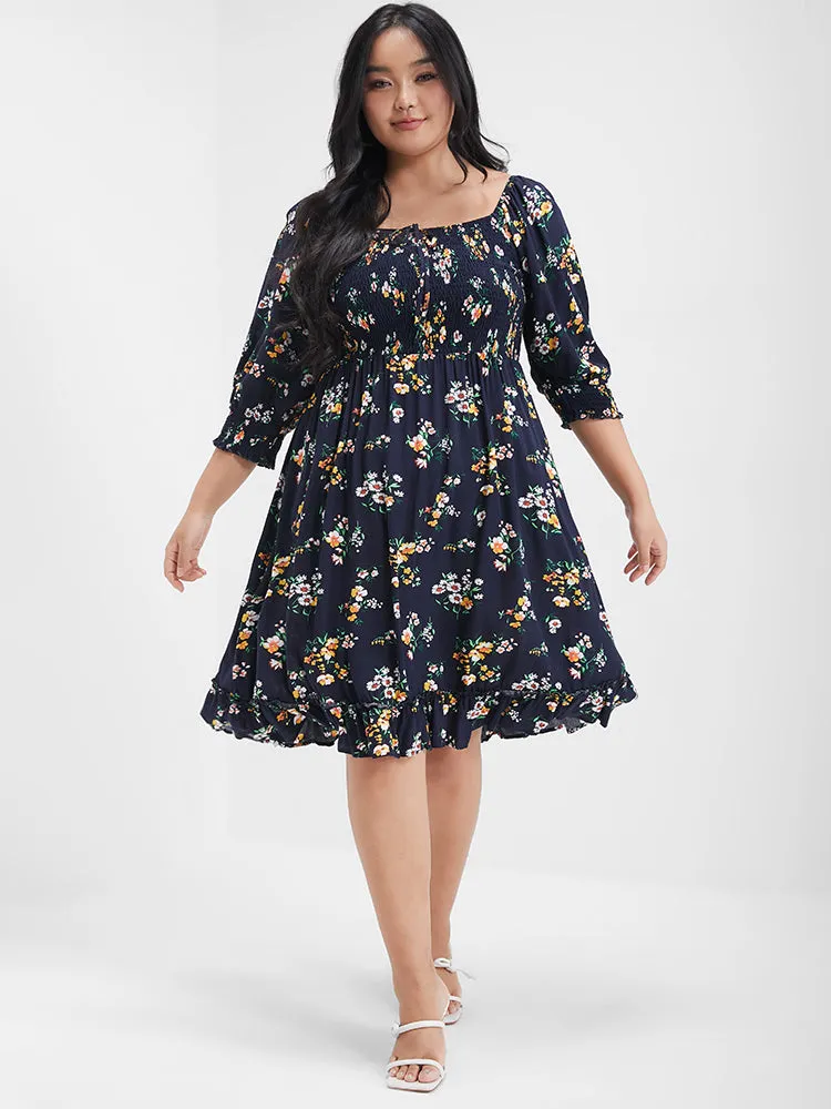 Floral Square Neck Puff Sleeve Ties Pocket Knee Dress sold by Bloomchic product image thumbnail 2