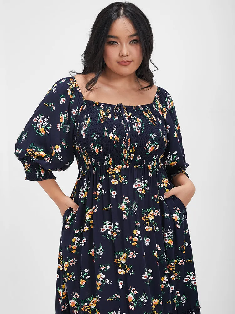 Floral Square Neck Puff Sleeve Ties Pocket Knee Dress sold by Bloomchic product image thumbnail 5