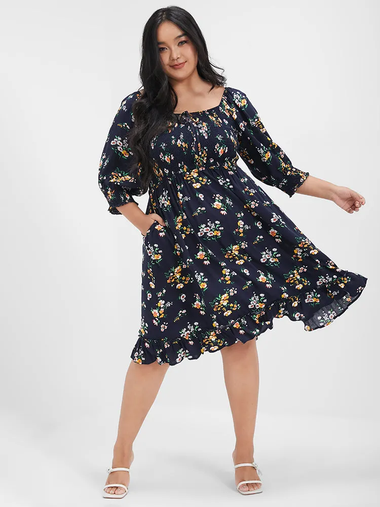 Floral Square Neck Puff Sleeve Ties Pocket Knee Dress sold by Bloomchic