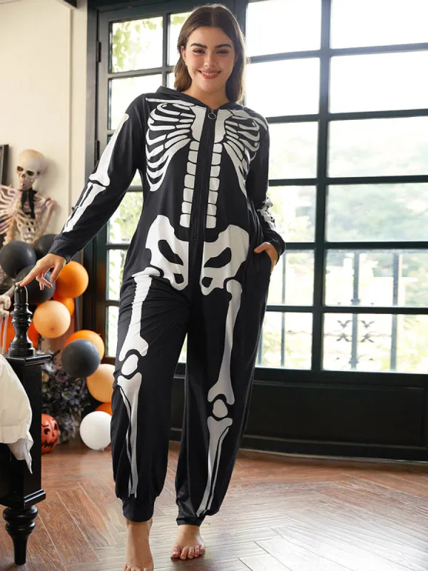 Halloween Skull Print Hooded Zipper Sleep Jumpsuit sold by Bloomchic