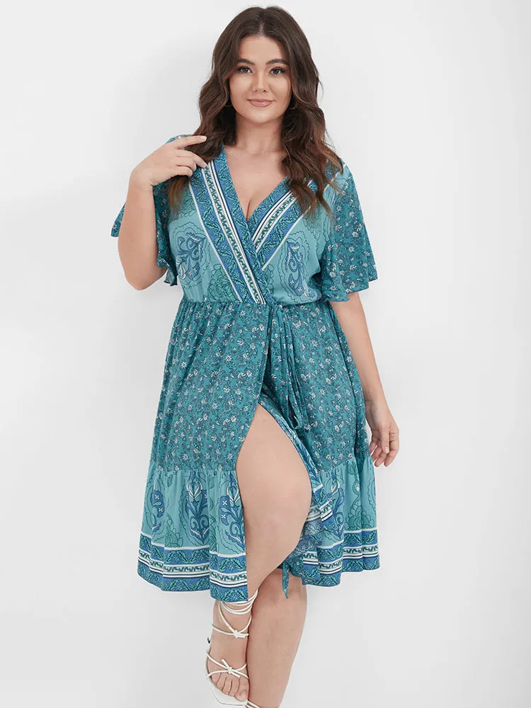 Ditsy Floral Split Knotted Flutter Wrap Short Dress sold by Bloomchic product image thumbnail 4