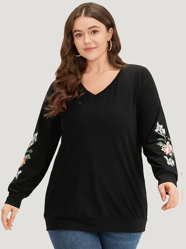 Floral Embroidered Elastic Cuffs V Neck Sweatshirt sold by Bloomchic